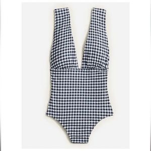 J.CREW Long-Torso V-Neck One Piece Swimsuit, Navy & White Gingham Size 2 - NWT